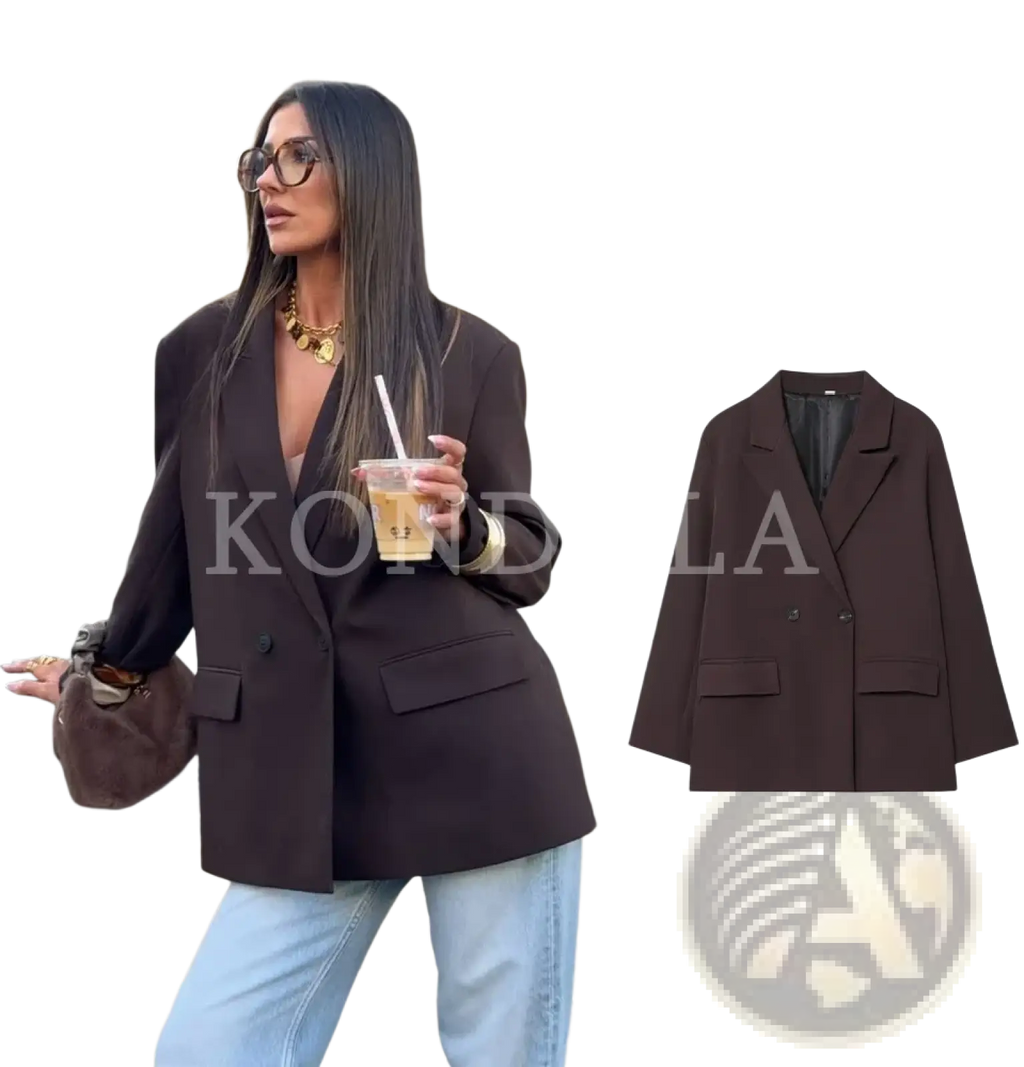 Brown double breasted office blazer for women by kondala with dark brown color structured silhouette and flap pockets