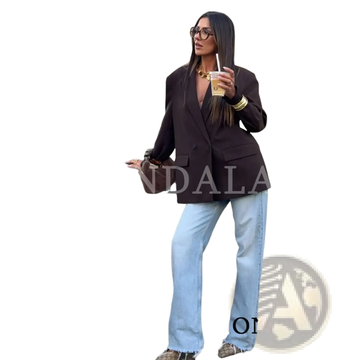Dark brown double breasted office blazer for women with a structured oversized fit and tailored design