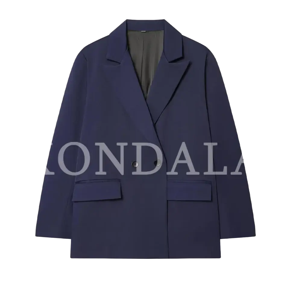 Brown double breasted office blazer for women in navy blue with structured collar, two front pockets, and sleek fabric finish