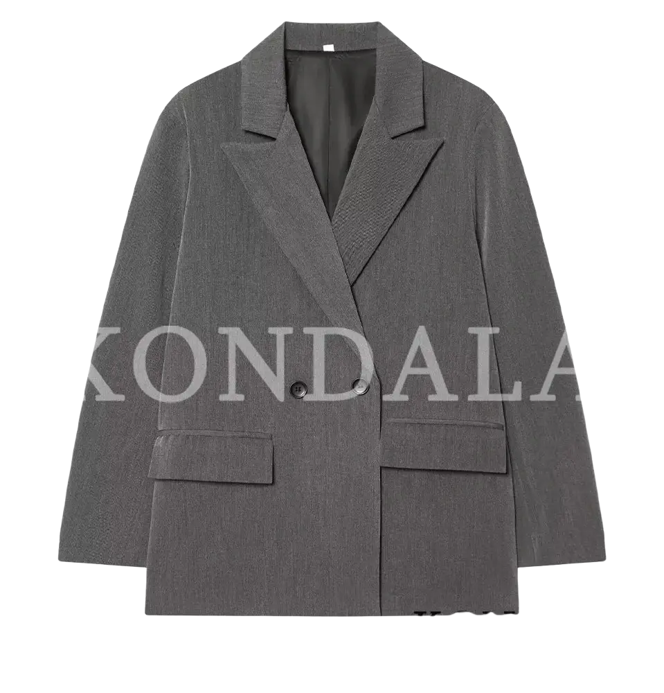 Brown double breasted office blazer for women in charcoal gray with subtle textured weave and classic design