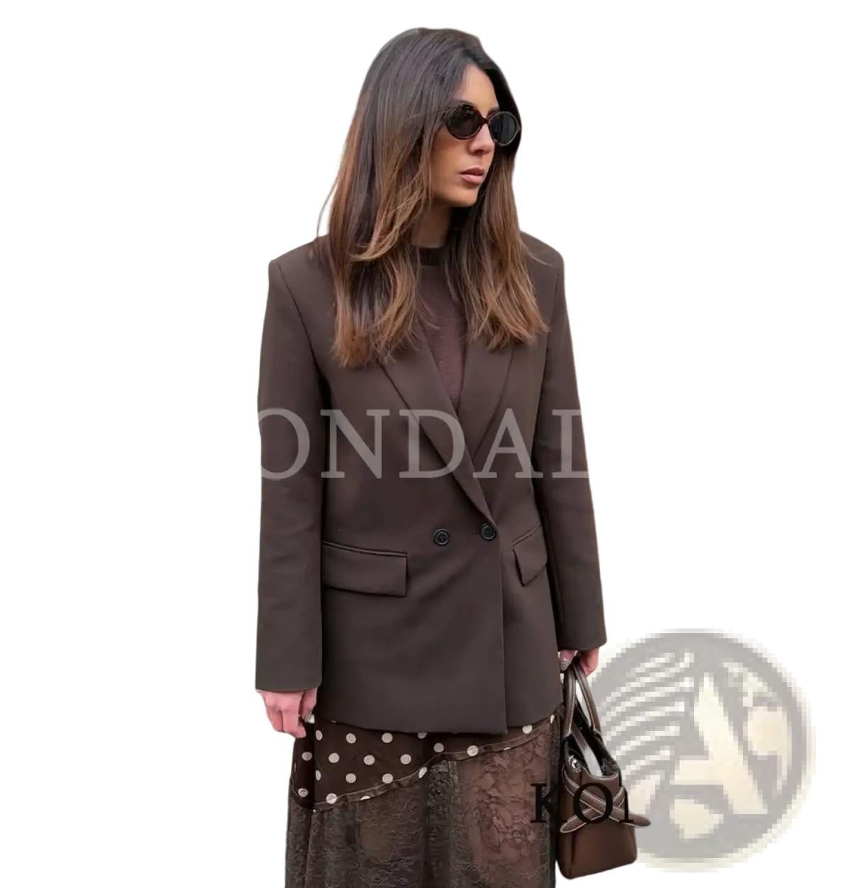 Brown double breasted office blazer for women with structured shoulders and black buttons in a tailored fit