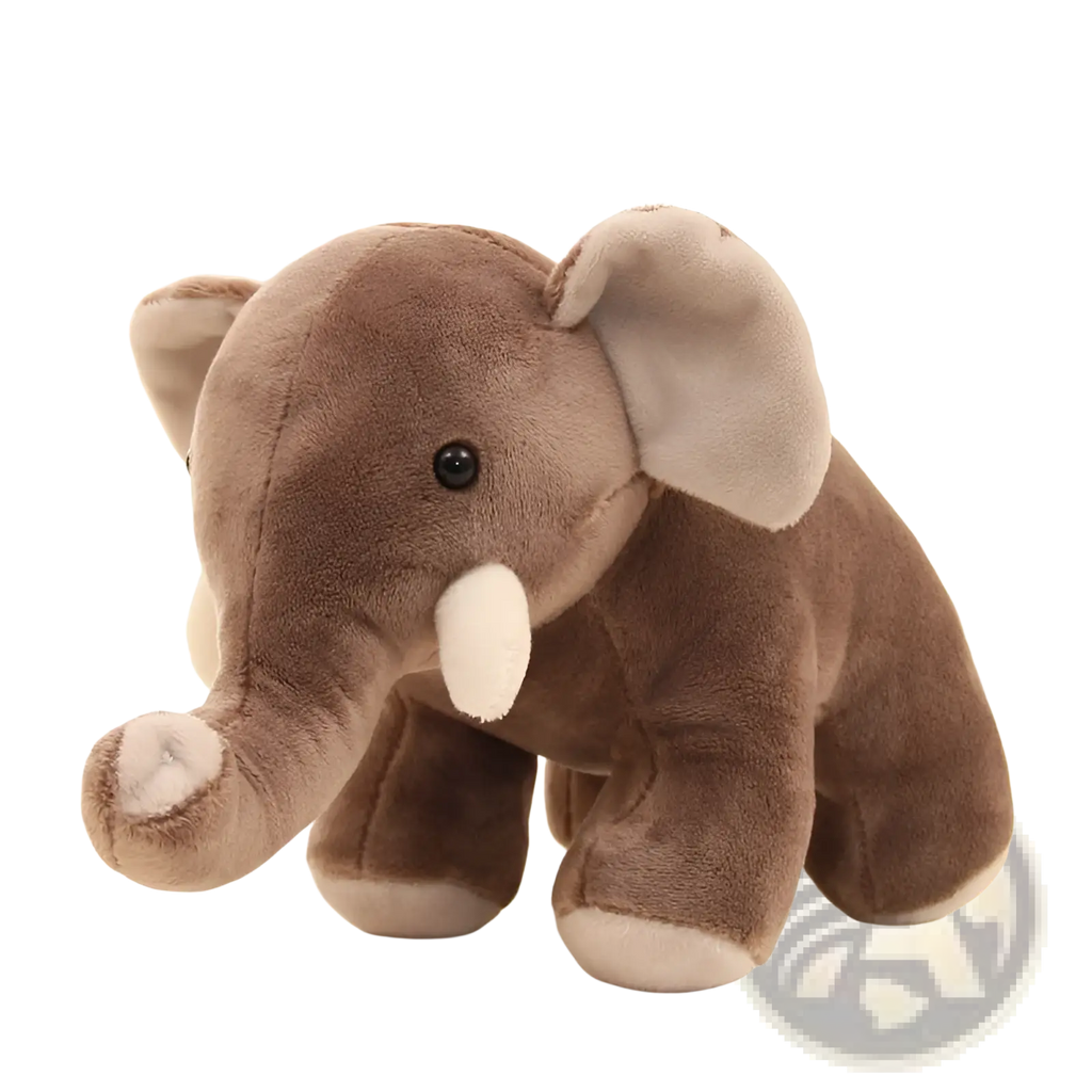 Brown elephant plush toy 25cm soft stuffed animal with gray ears white tusks and feet and black button eye