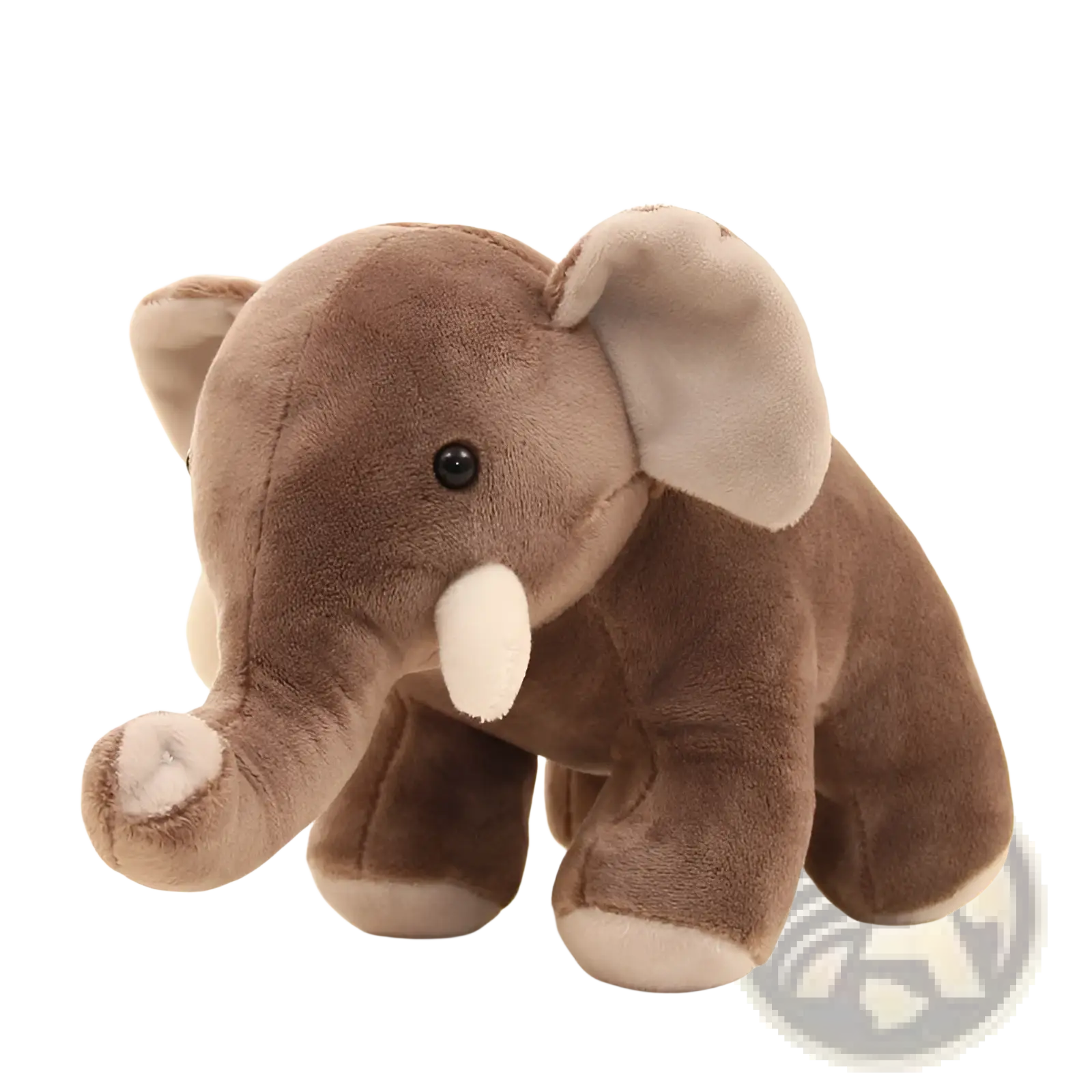 Brown elephant plush toy 25cm soft stuffed animal with gray ears white tusks and feet and black button eye