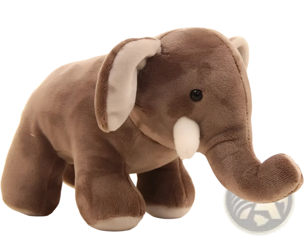 Brown elephant plush toy 25cm soft stuffed animal with white inner ears trunk feet and black button eyes