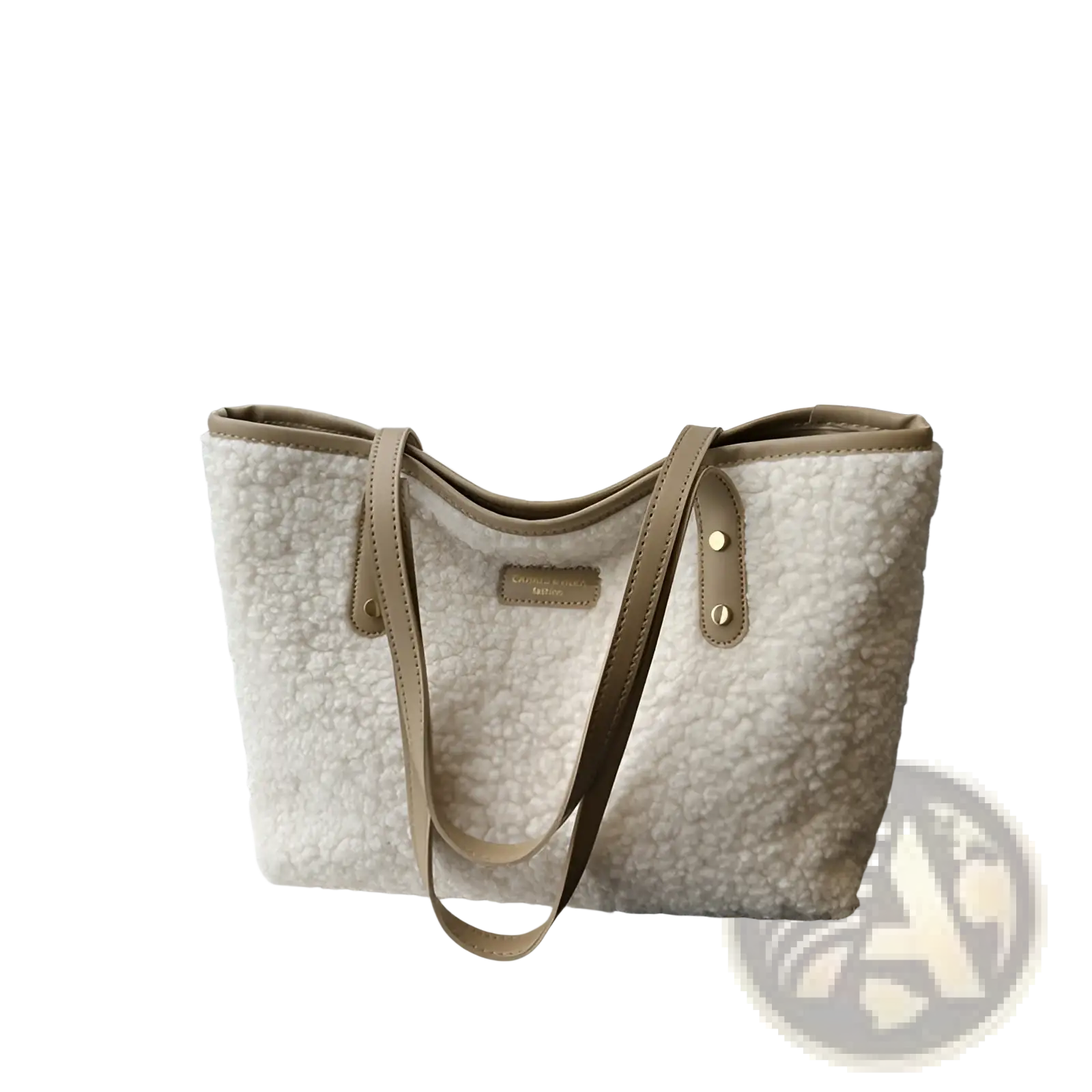 Cream-colored shearling tote bag with tan leather straps and gold-tone hardware in brown faux fur style