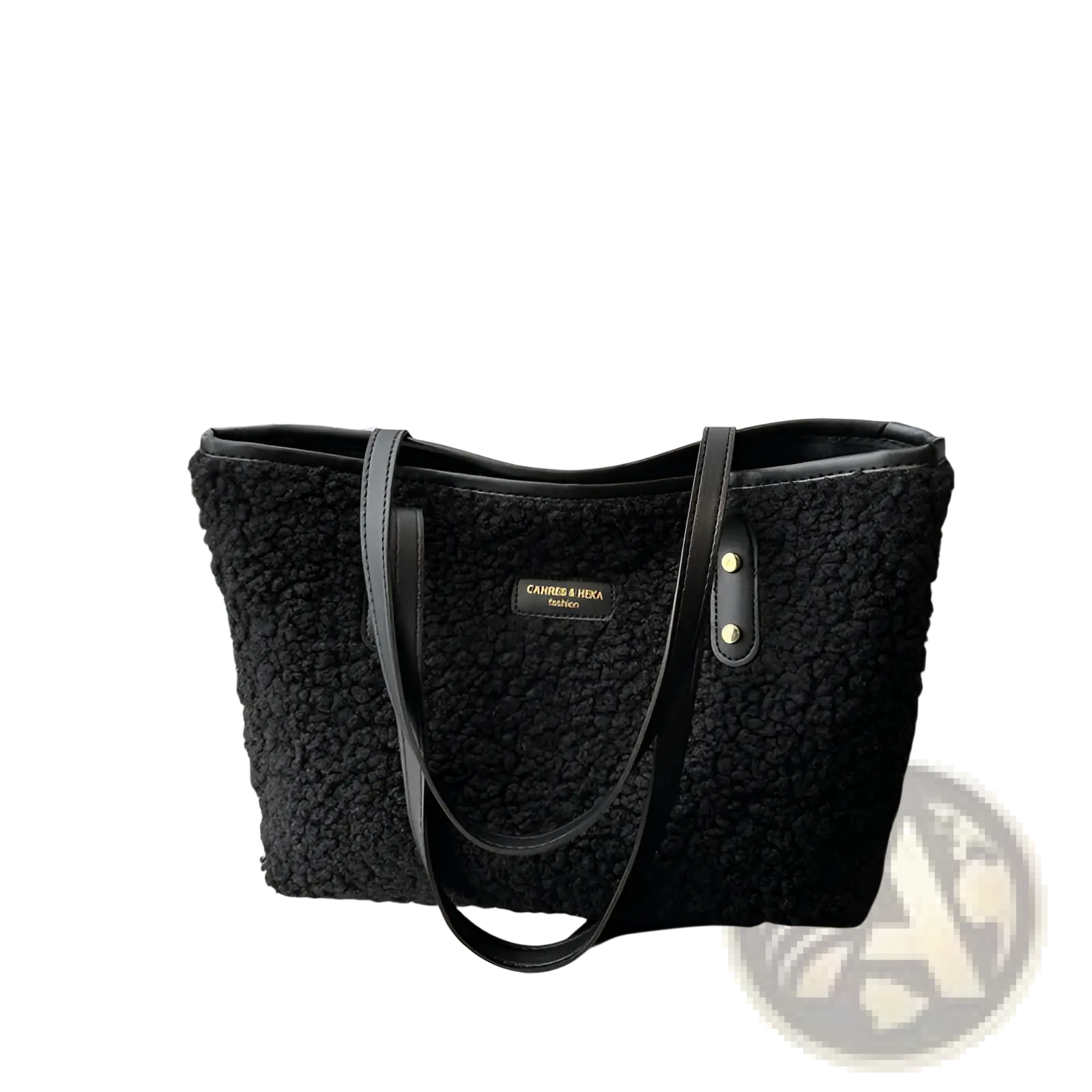 Black fuzzy textured tote bag with black leather straps and gold tone logo plaque in brown faux fur style