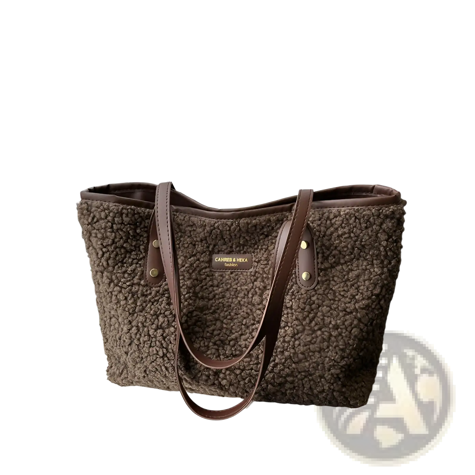 Brown faux fur tote bag with leather straps and a gold-tone brand plaque displayed from the front side
