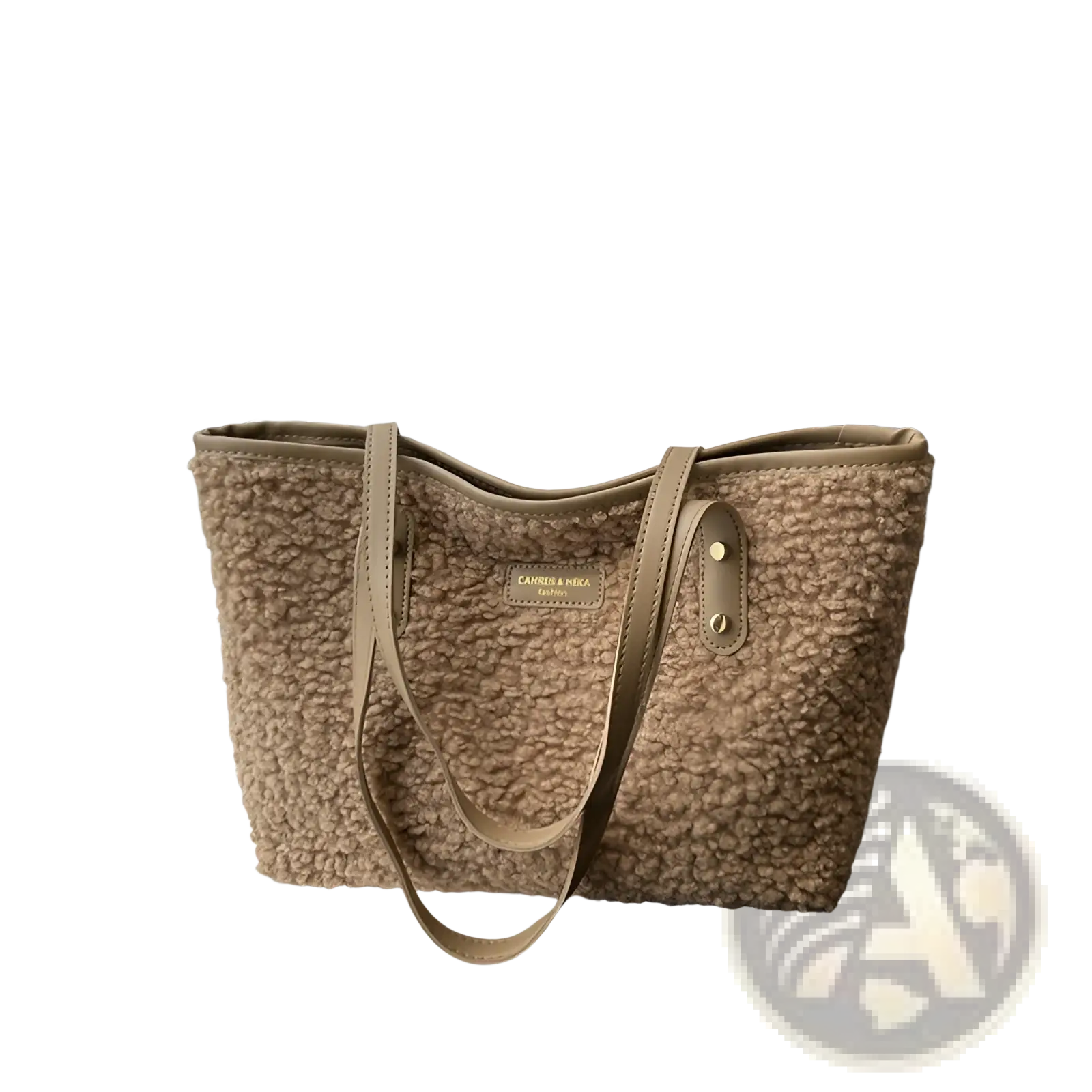 Beige faux fur tote bag with tan leather straps and gold-tone metal plaque for stylish everyday use