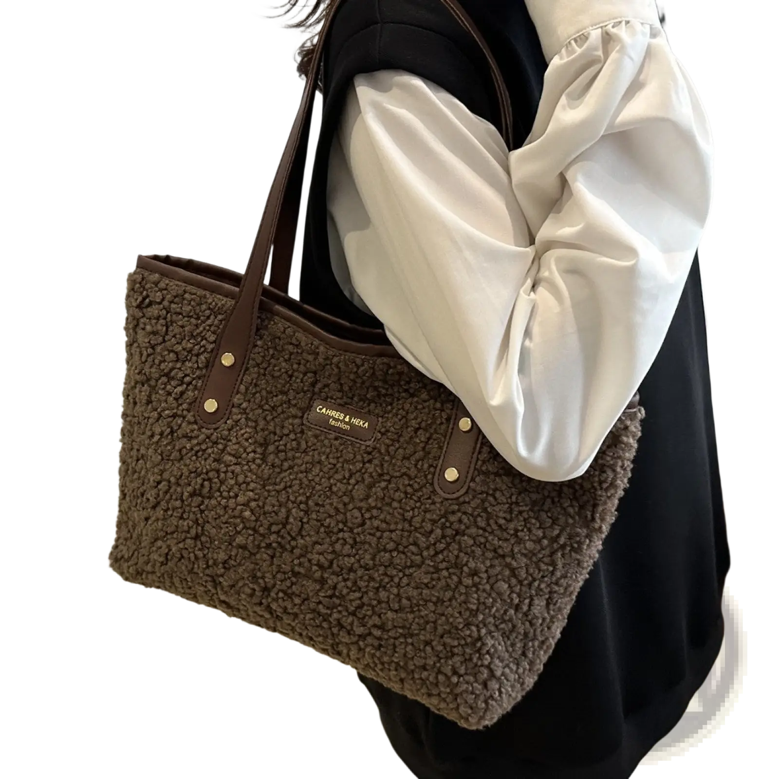 Brown faux fur tote bag with leather handles and gold tone hardware for stylish everyday use