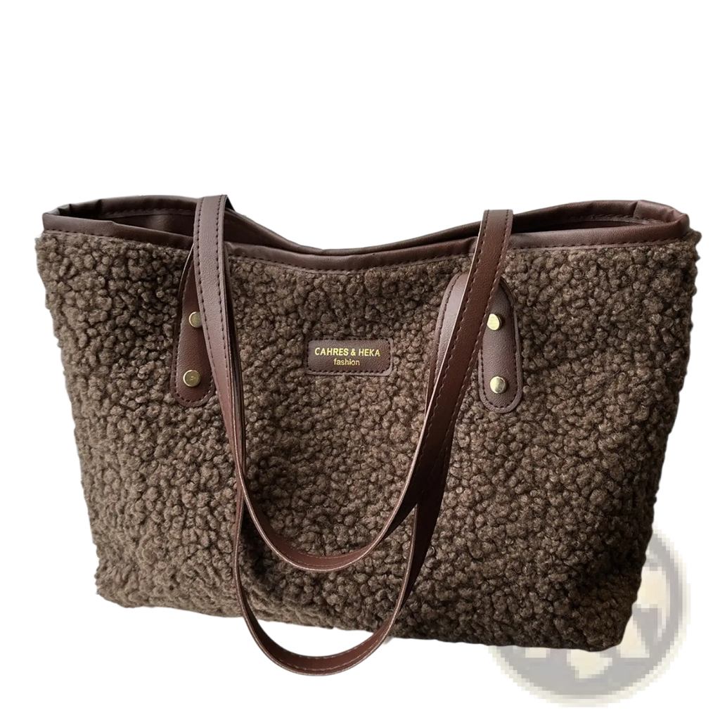 Brown faux fur tote bag with leather straps and gold-tone hardware for stylish everyday use