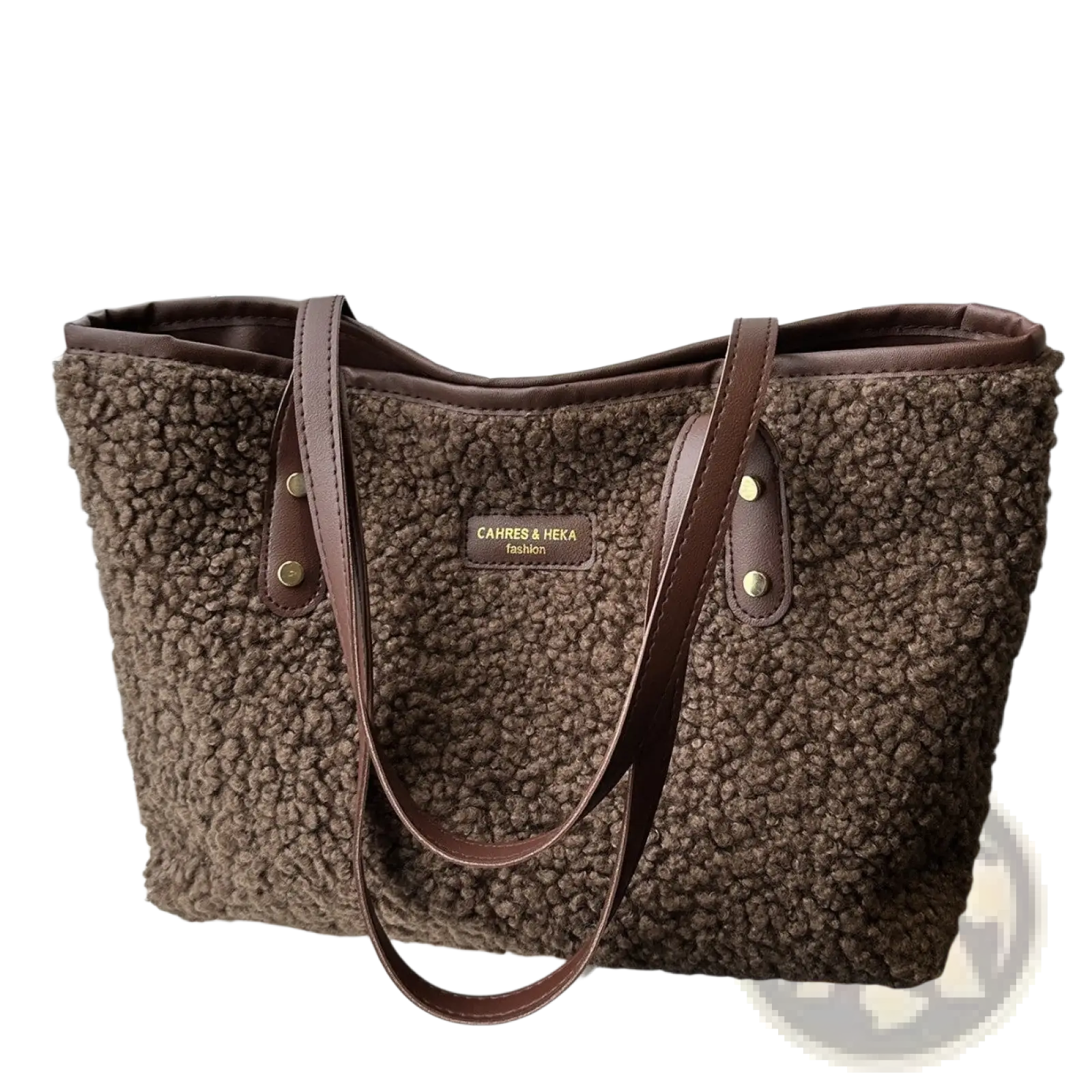 Brown faux fur tote bag with leather straps and gold-tone hardware for stylish everyday use