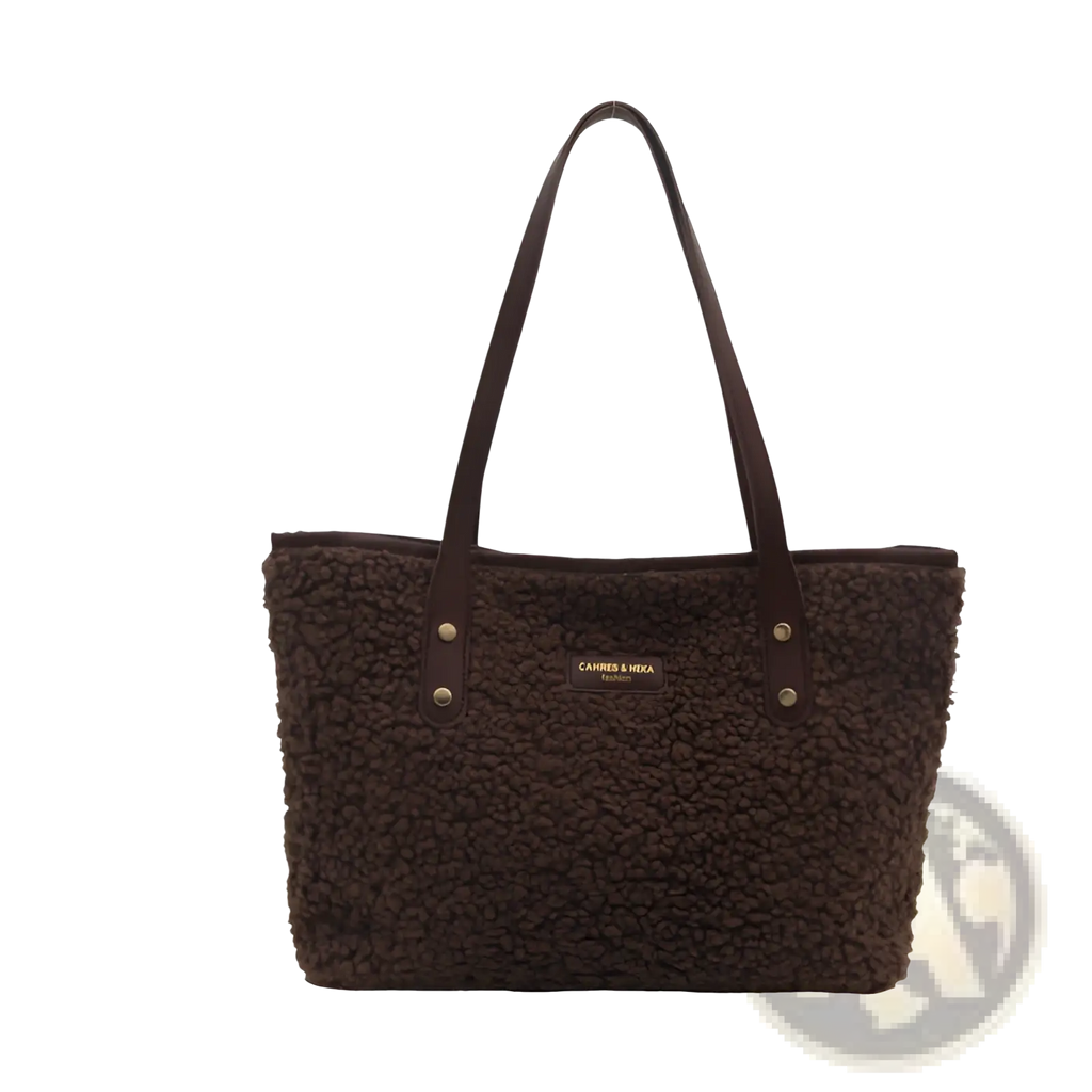 Brown shearling tote bag with leather handles and gold-tone brand plaque in a faux fur design