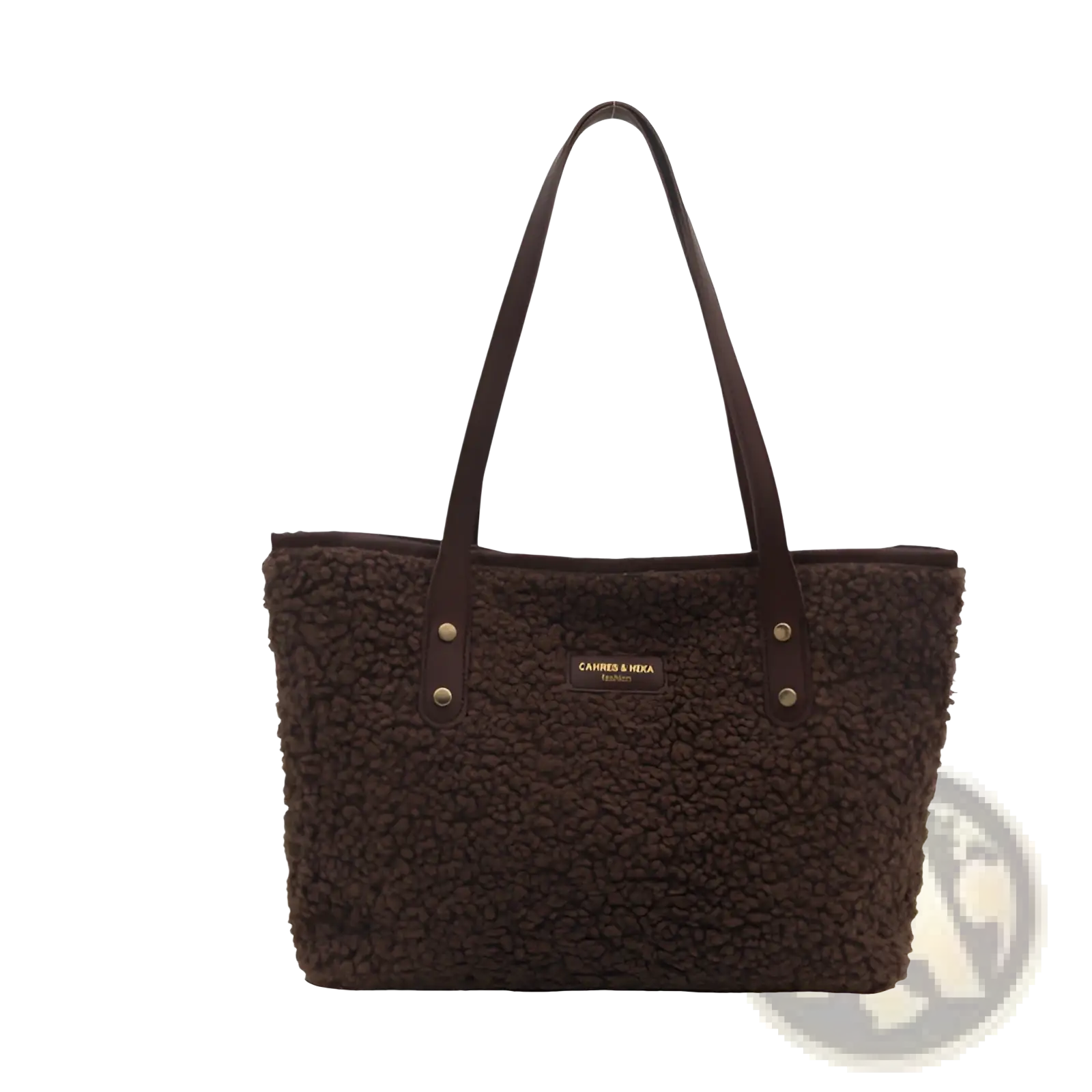 Brown shearling tote bag with leather handles and gold-tone brand plaque in a faux fur design