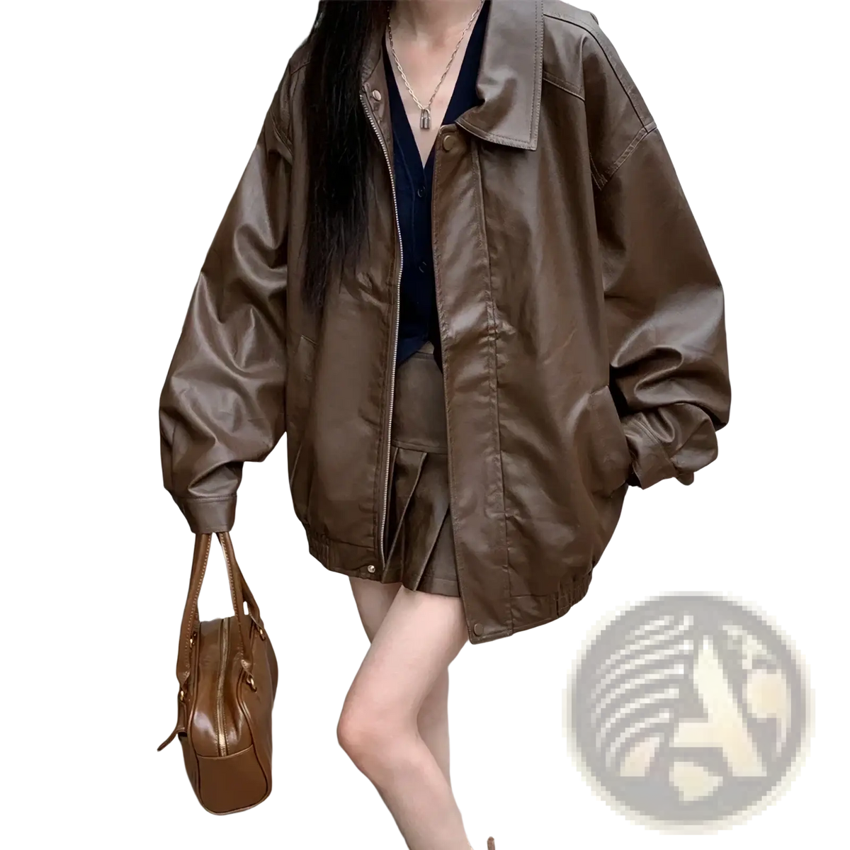 Brown faux leather bomber jacket with a relaxed fit and classic collar for casual outerwear use