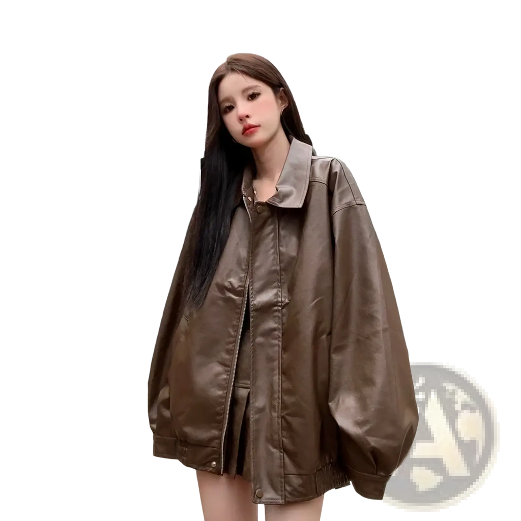 Brown faux leather bomber jacket with relaxed fit and classic collar ideal for casual wear shown from front view