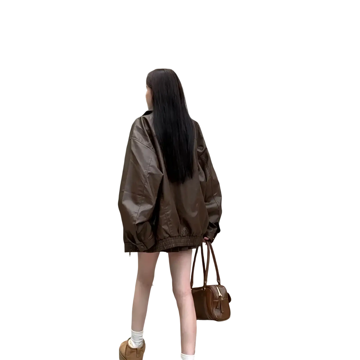 Brown faux leather bomber jacket showing the back side with a classic fit and ribbed cuffs