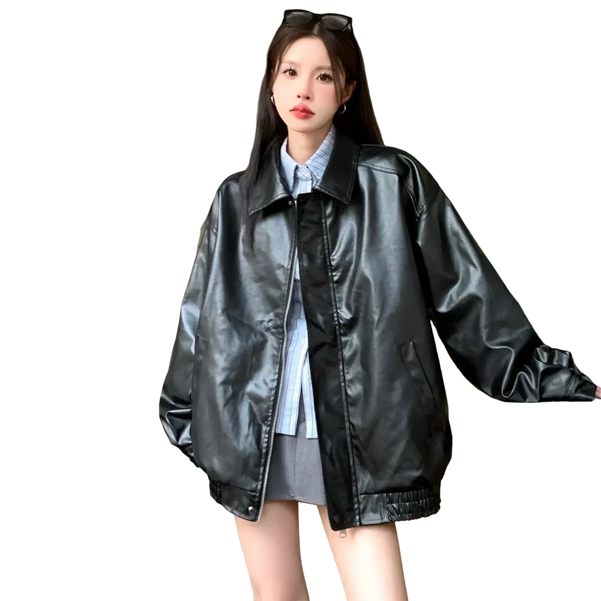 Black faux leather bomber jacket with glossy finish and ribbed cuffs shown from the back side