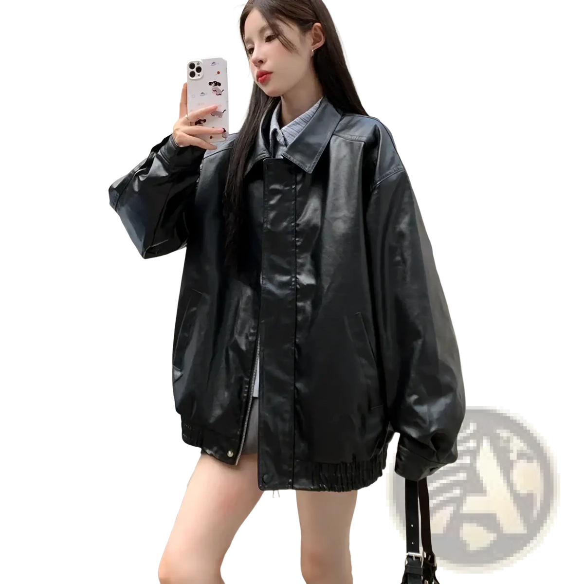 Black faux leather bomber jacket with glossy finish and ribbed cuffs shown from the back side