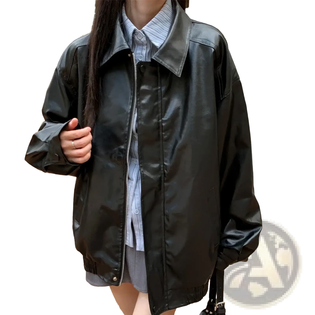 Black faux leather bomber jacket with matte finish and classic collar shown from the back side