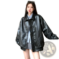 Black faux leather bomber jacket with glossy finish and ribbed cuffs shown from the back side