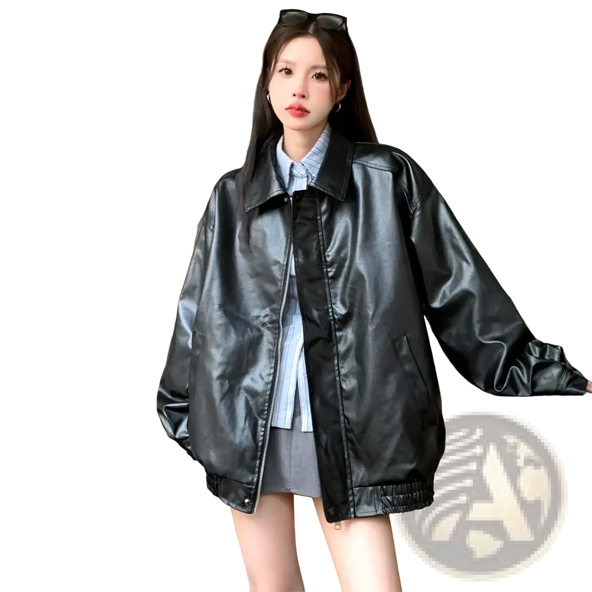 Black faux leather bomber jacket with glossy finish and ribbed cuffs shown from the back side