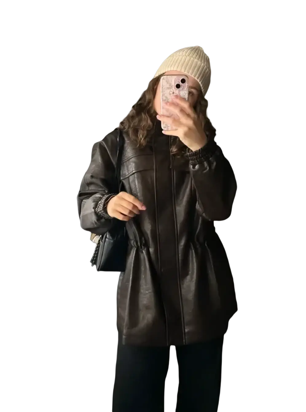 Brown faux leather jacket for women with zipper front and elasticated cuffs perfect for autumn wear