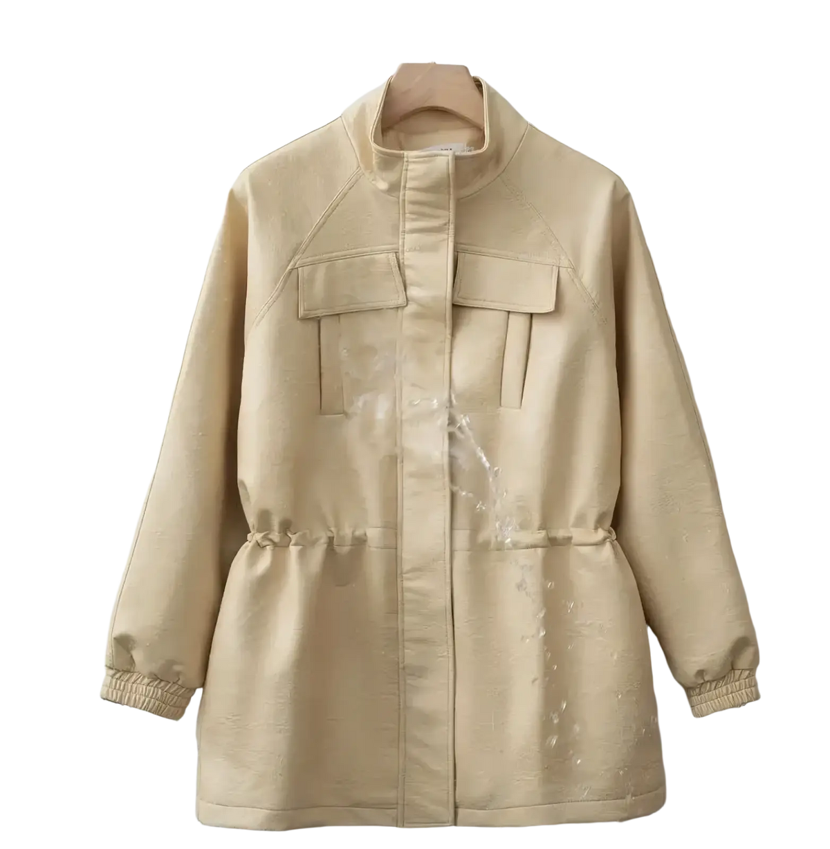 Brown faux leather jacket for women autumn coat with beige faux leather, two front flap pockets, and elastic cuffs