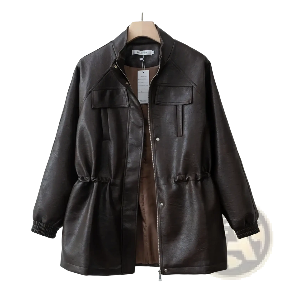Brown faux leather jacket women autumn coat with dark brown high collar front zipper and two chest pockets
