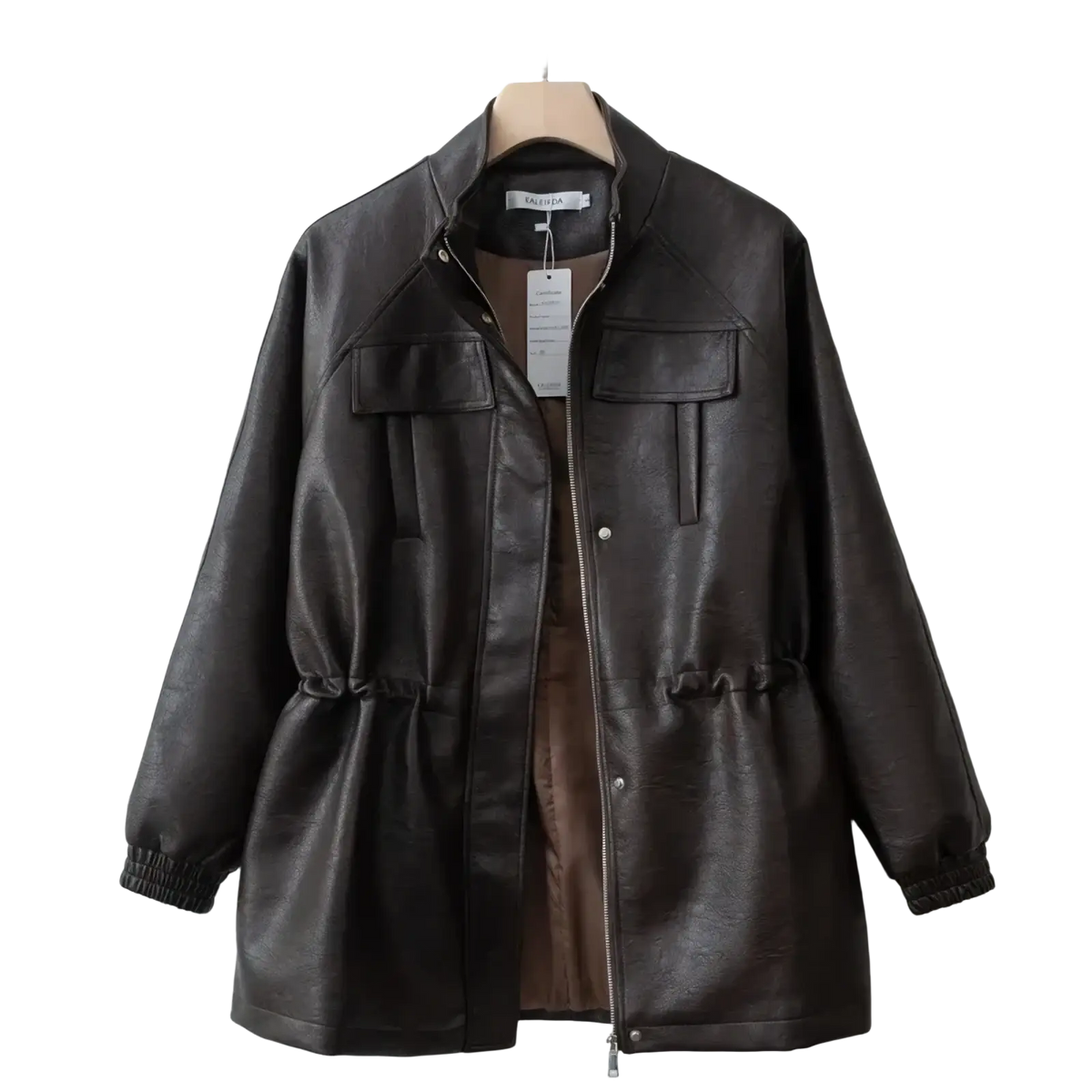 Brown faux leather jacket women autumn coat with dark brown color two front pockets and elastic cuffs