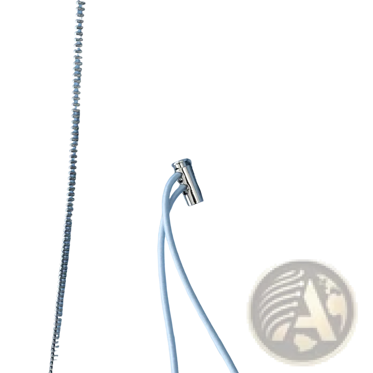 Light blue faux leather jacket zipper pull with silver metal finish and white cord on brown faux leather women autumn coat
