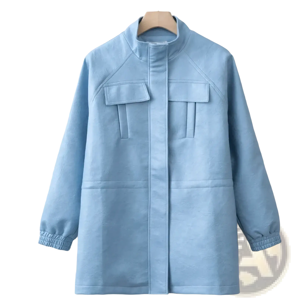 Light blue long sleeved coat with high collar and two front pockets for women autumn outerwear
