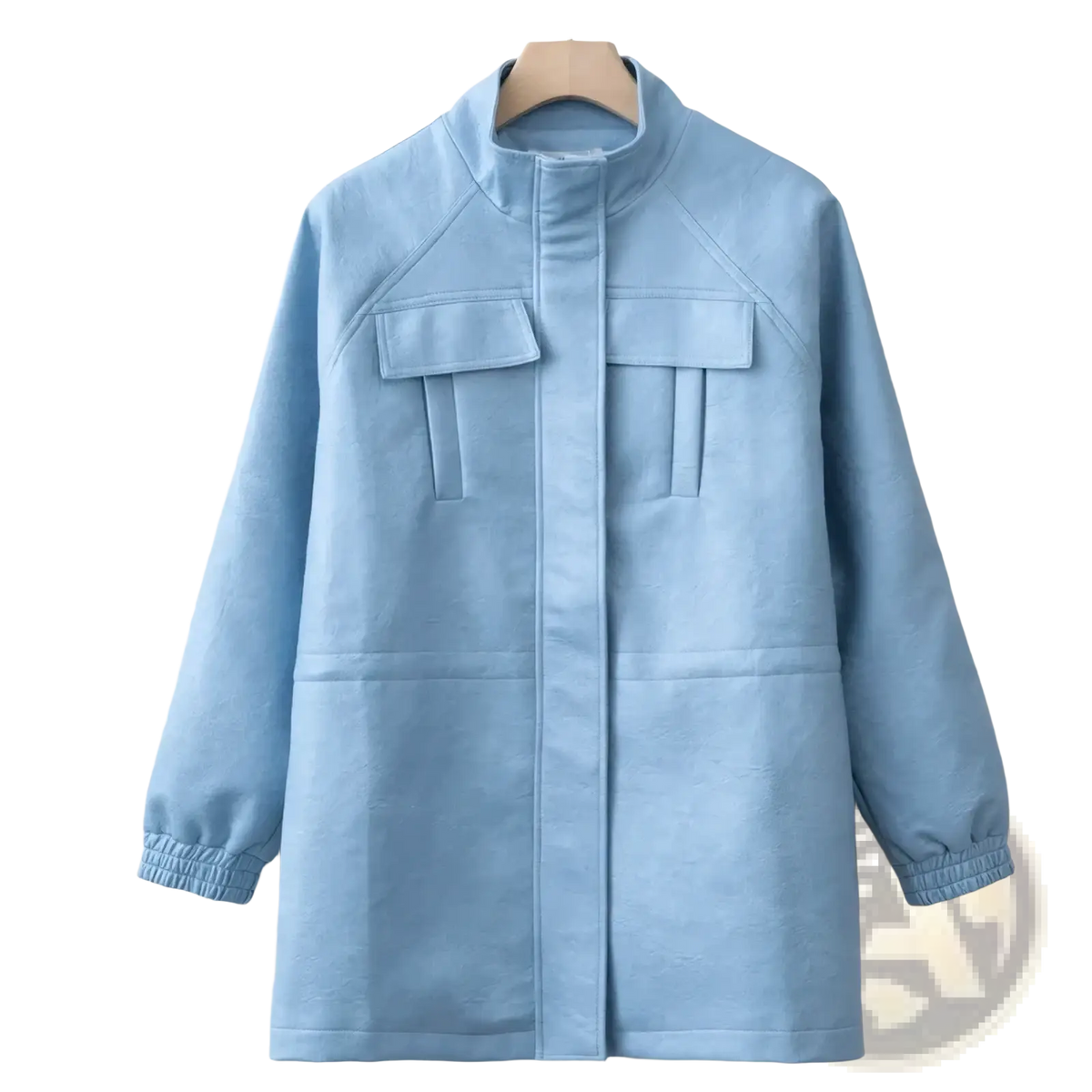 Light blue long sleeved coat with high collar and two front pockets for women autumn outerwear