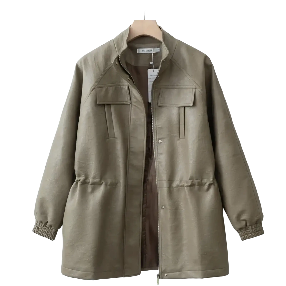 Olive green faux leather jacket with two front pockets and elastic cuffs for women autumn coat