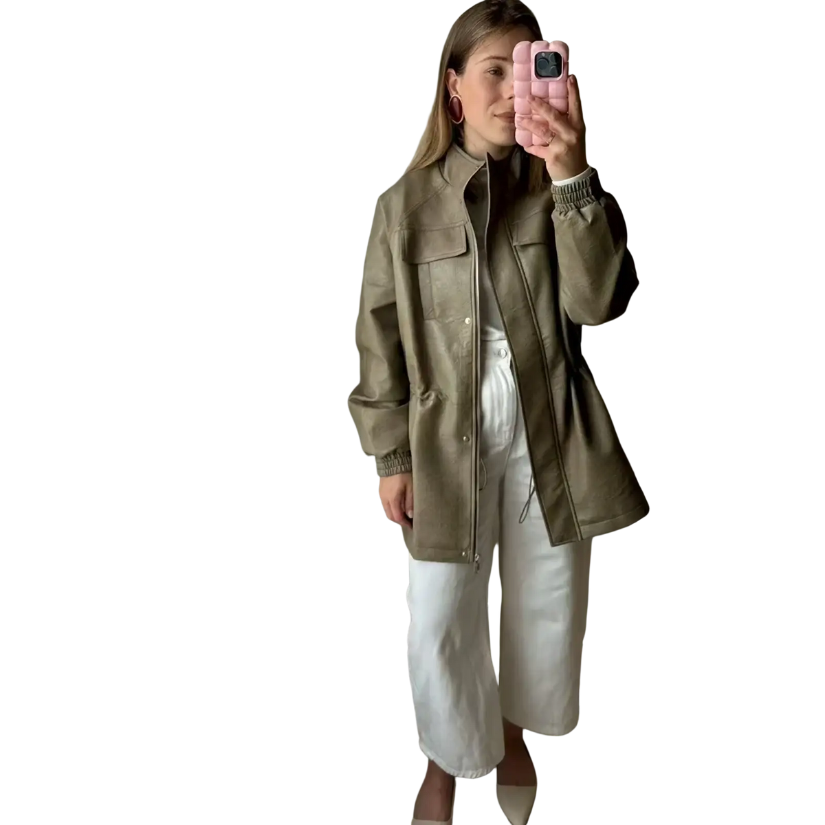 Brown faux leather jacket women autumn coat featuring olive green faux leather utility design with buttoned flap pockets and ribbed cuffs