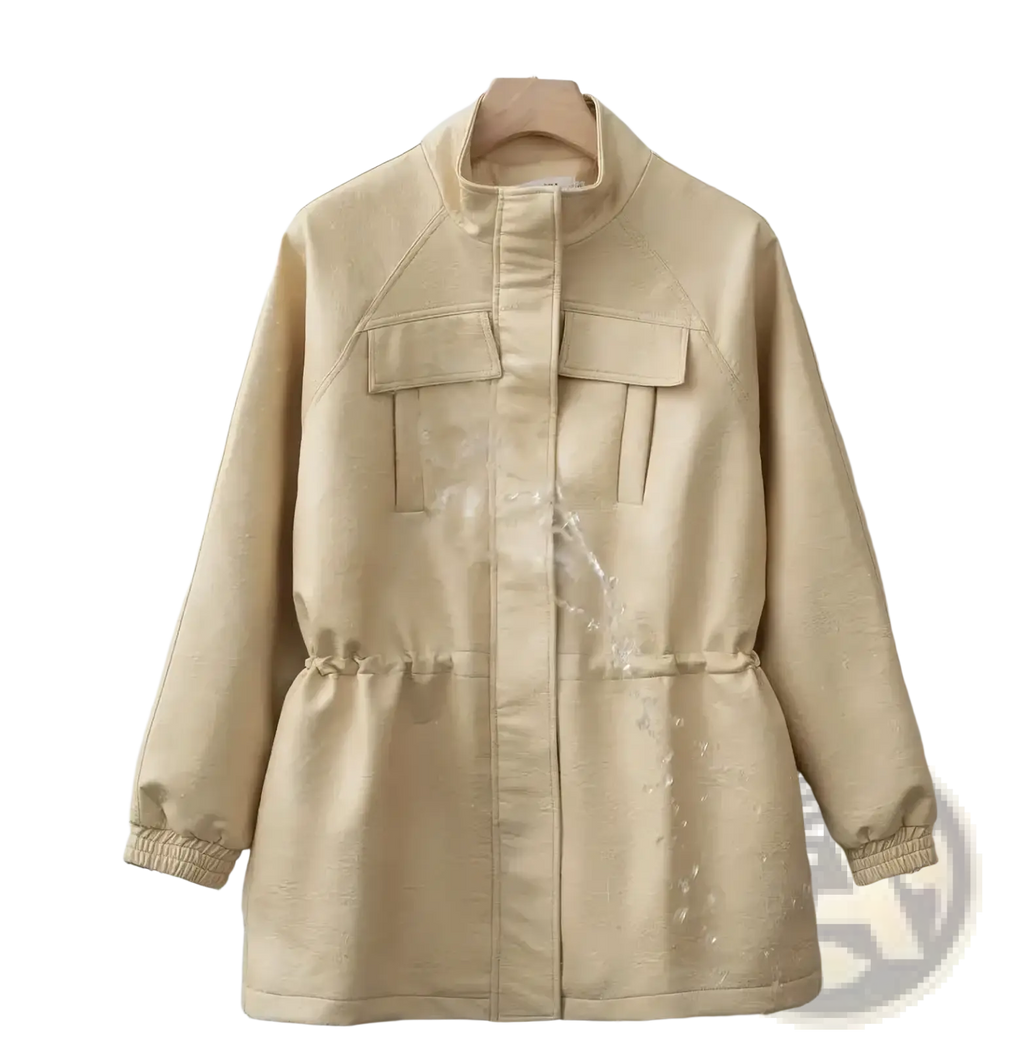 Brown faux leather jacket for women autumn coat with beige faux leather, two front flap pockets, and elastic cuffs