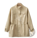 Brown faux leather jacket for women autumn coat with beige faux leather, two front flap pockets, and elastic cuffs