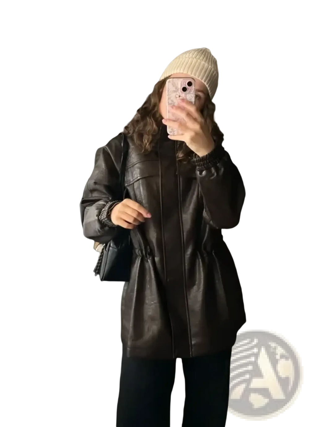 Brown faux leather jacket for women with zipper front and elasticated cuffs perfect for autumn wear