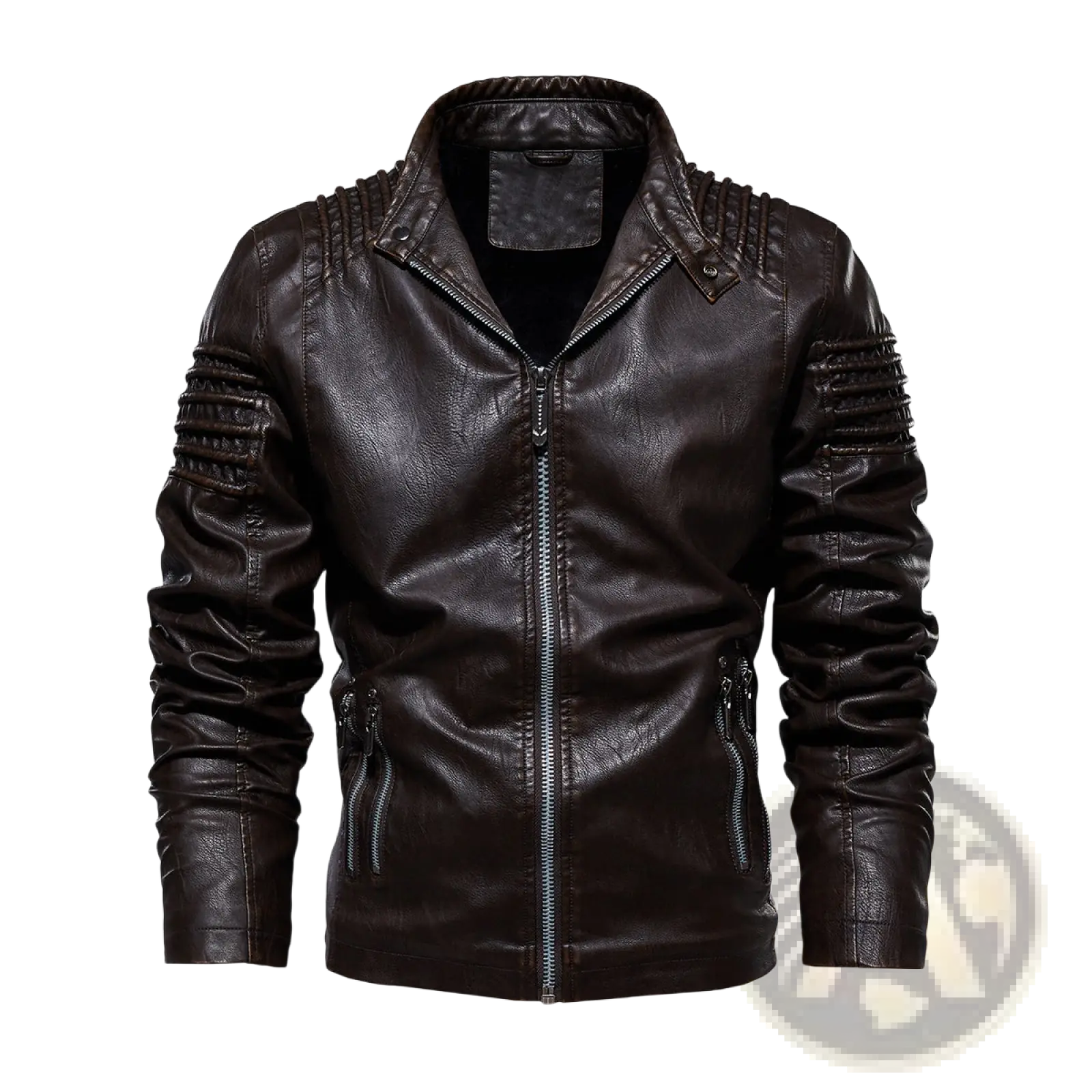 Dark brown faux leather moto jacket with ribbed textured detailing on shoulders and sleeves shown from the back side