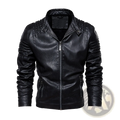 Black leather motorcycle jacket with ribbed detailing on shoulders and sleeves for a stylish moto look