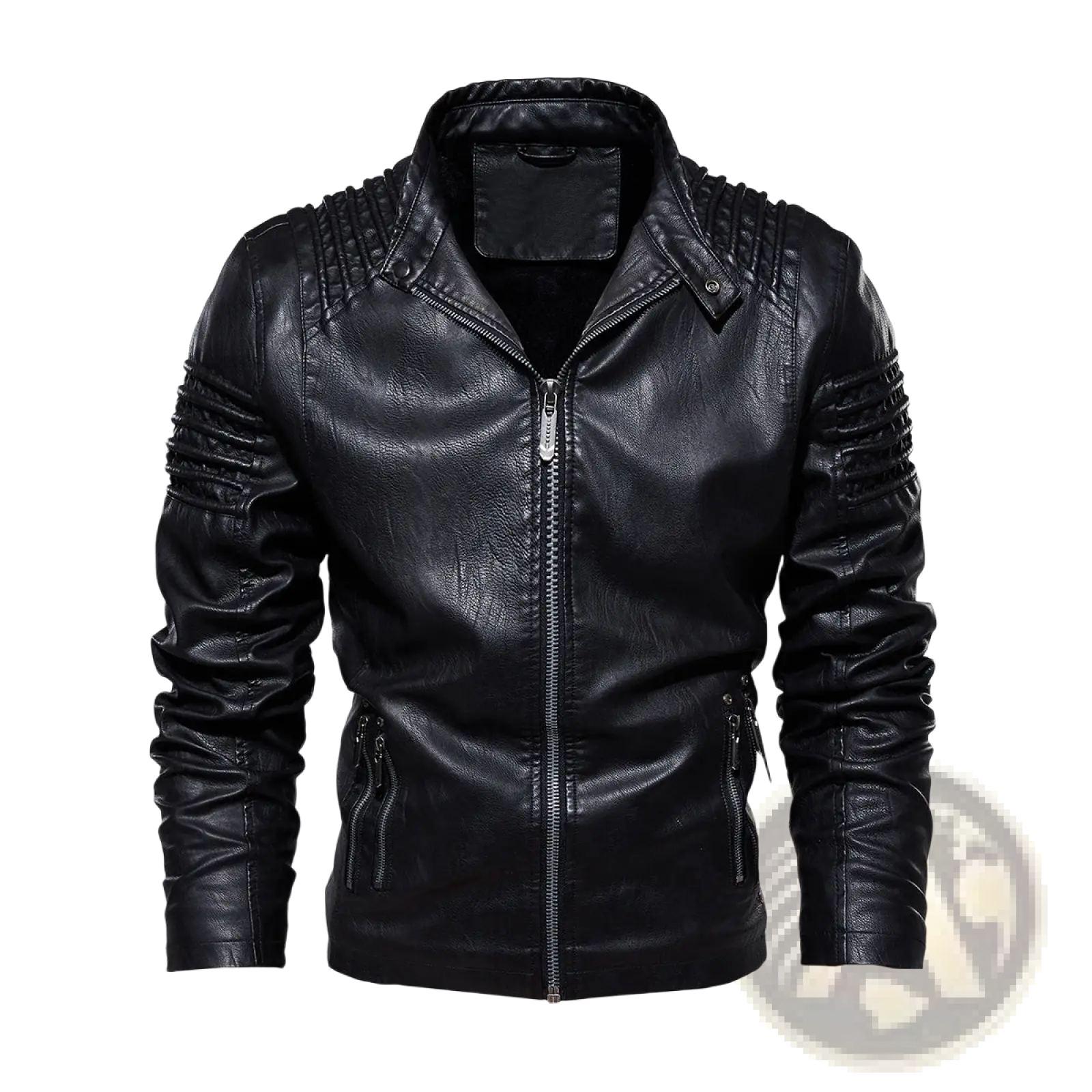 Black leather motorcycle jacket with ribbed detailing on shoulders and sleeves for a stylish moto look