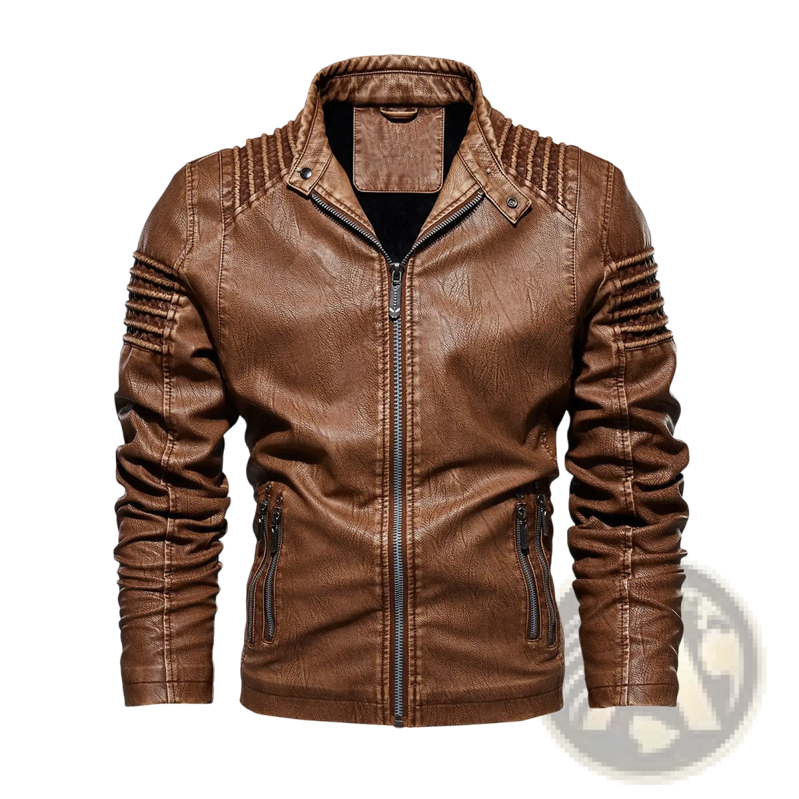 Brown faux leather moto jacket with ribbed detailing on shoulders and sleeves shown from the back side