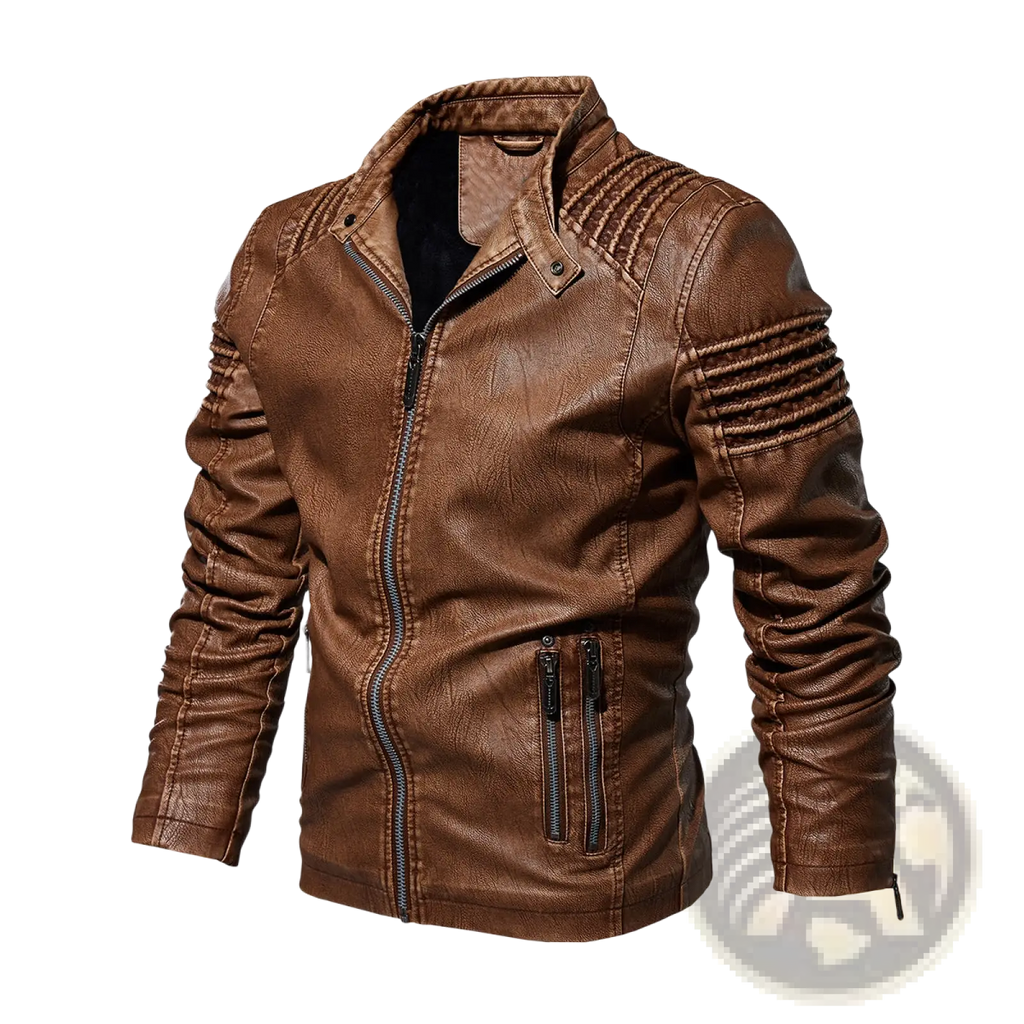 Brown faux leather moto jacket with ribbed detailing on shoulders and sleeves shown from the back side