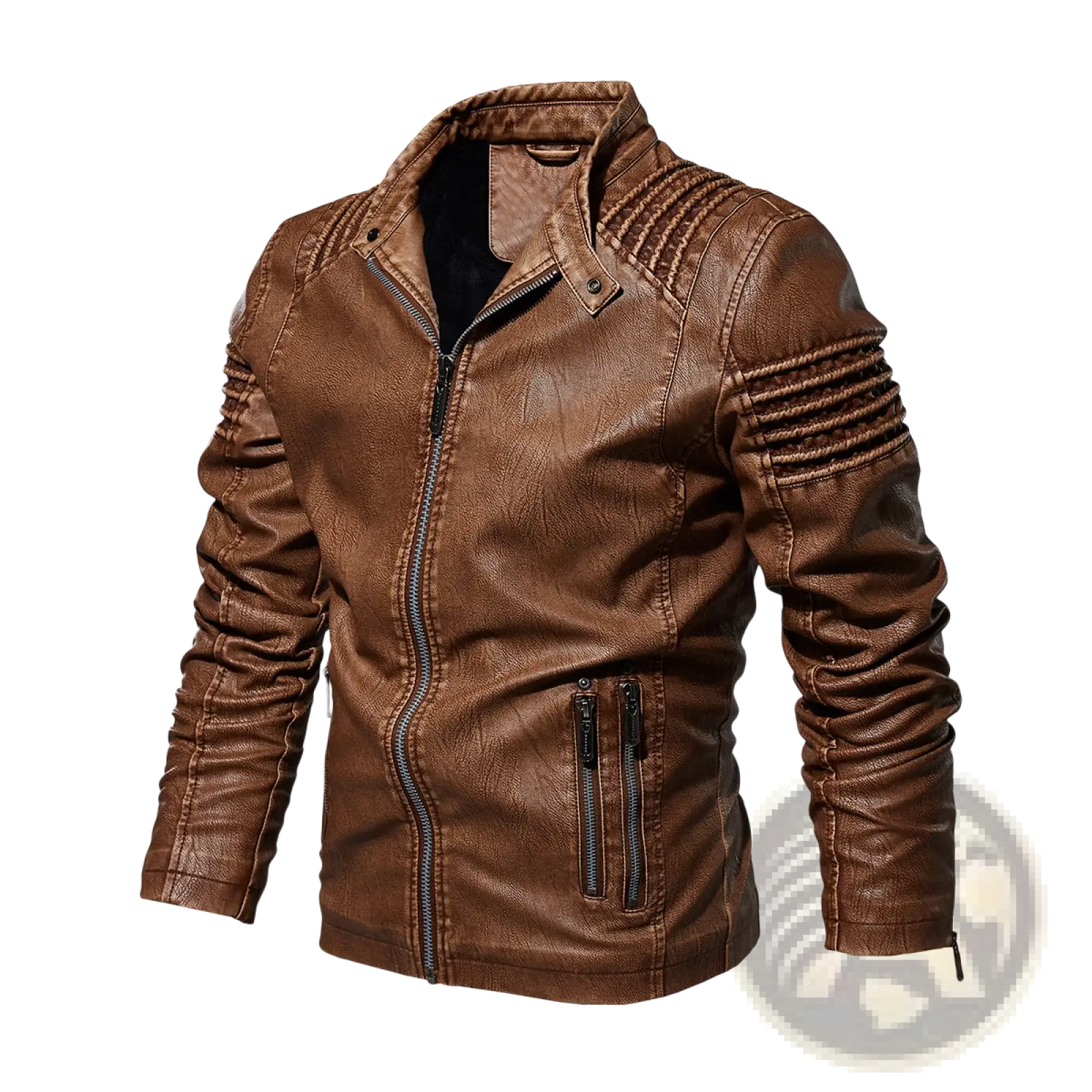 Brown faux leather moto jacket with ribbed detailing on shoulders and sleeves shown from the back side