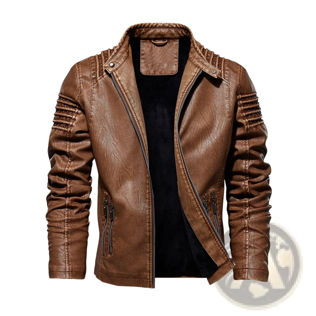 Brown faux leather moto jacket with ribbed detailing on shoulders and sleeves shown from the back side