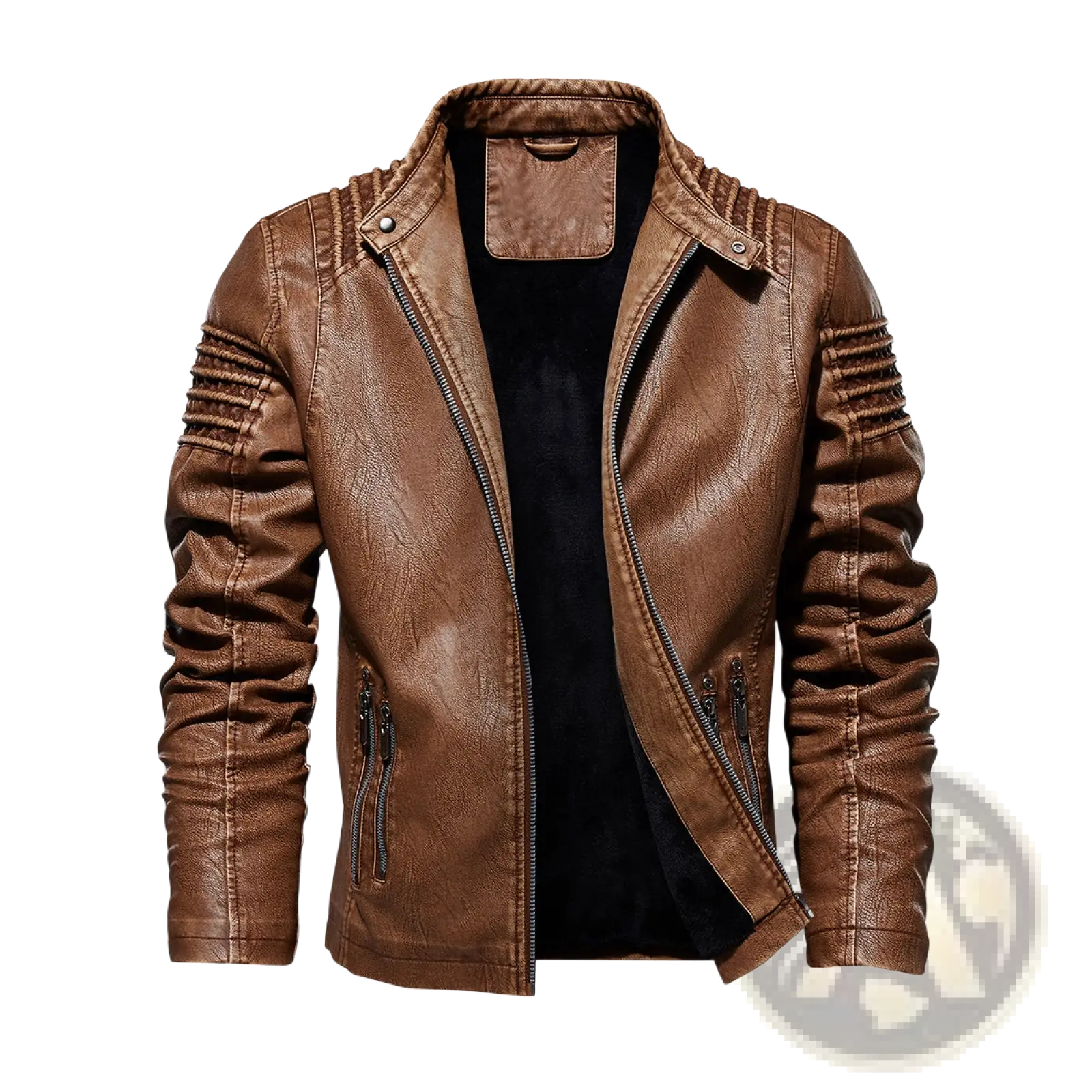 Brown faux leather moto jacket with ribbed detailing on shoulders and sleeves shown from the back side