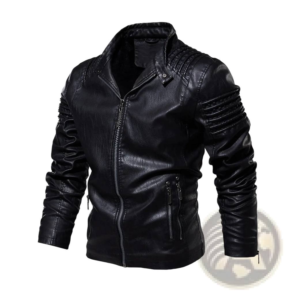 Black leather biker jacket with ribbed detailing on shoulders and sleeves for a stylish moto look