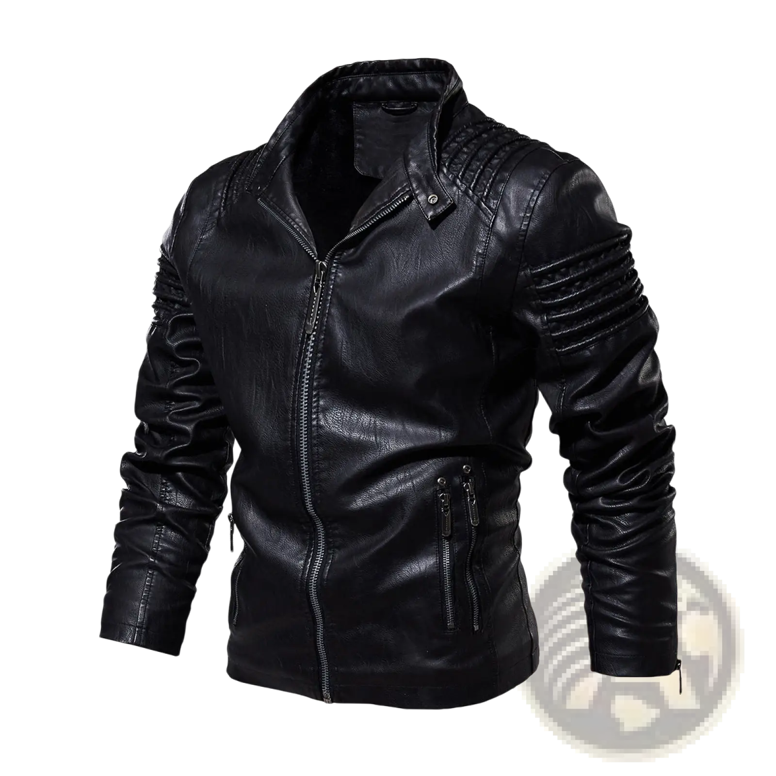 Black leather biker jacket with ribbed detailing on shoulders and sleeves for a stylish moto look