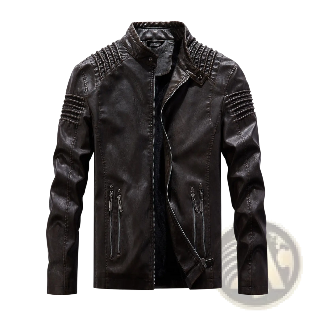Black faux leather moto jacket with textured ribbed detailing on shoulders and sleeves visible from the back side