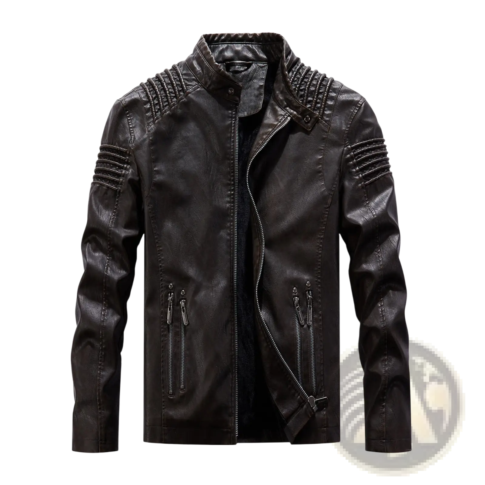 Black faux leather moto jacket with textured ribbed detailing on shoulders and sleeves visible from the back side