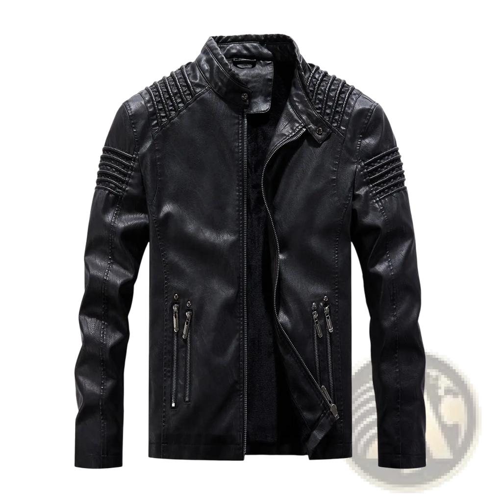 Black faux leather motorcycle jacket with ribbed detailing on shoulders and sleeves shown from the back side